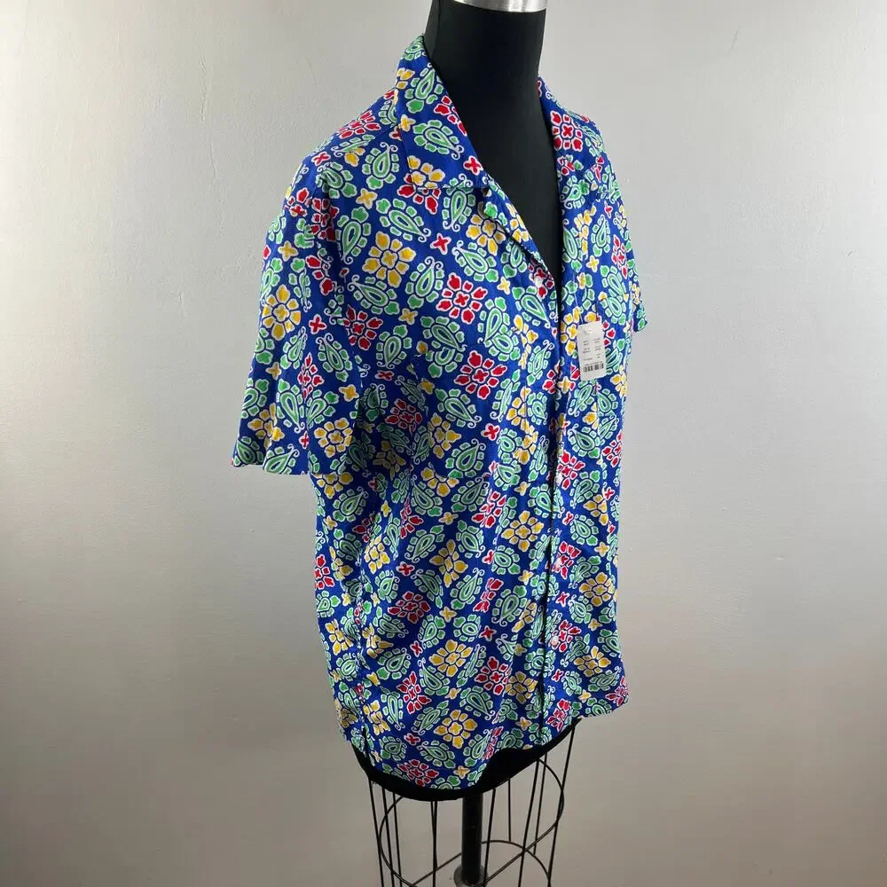NWT J. Crew Slub Cotton Shirt Camp Collar Blue Floral Print Short Sleeve Size M